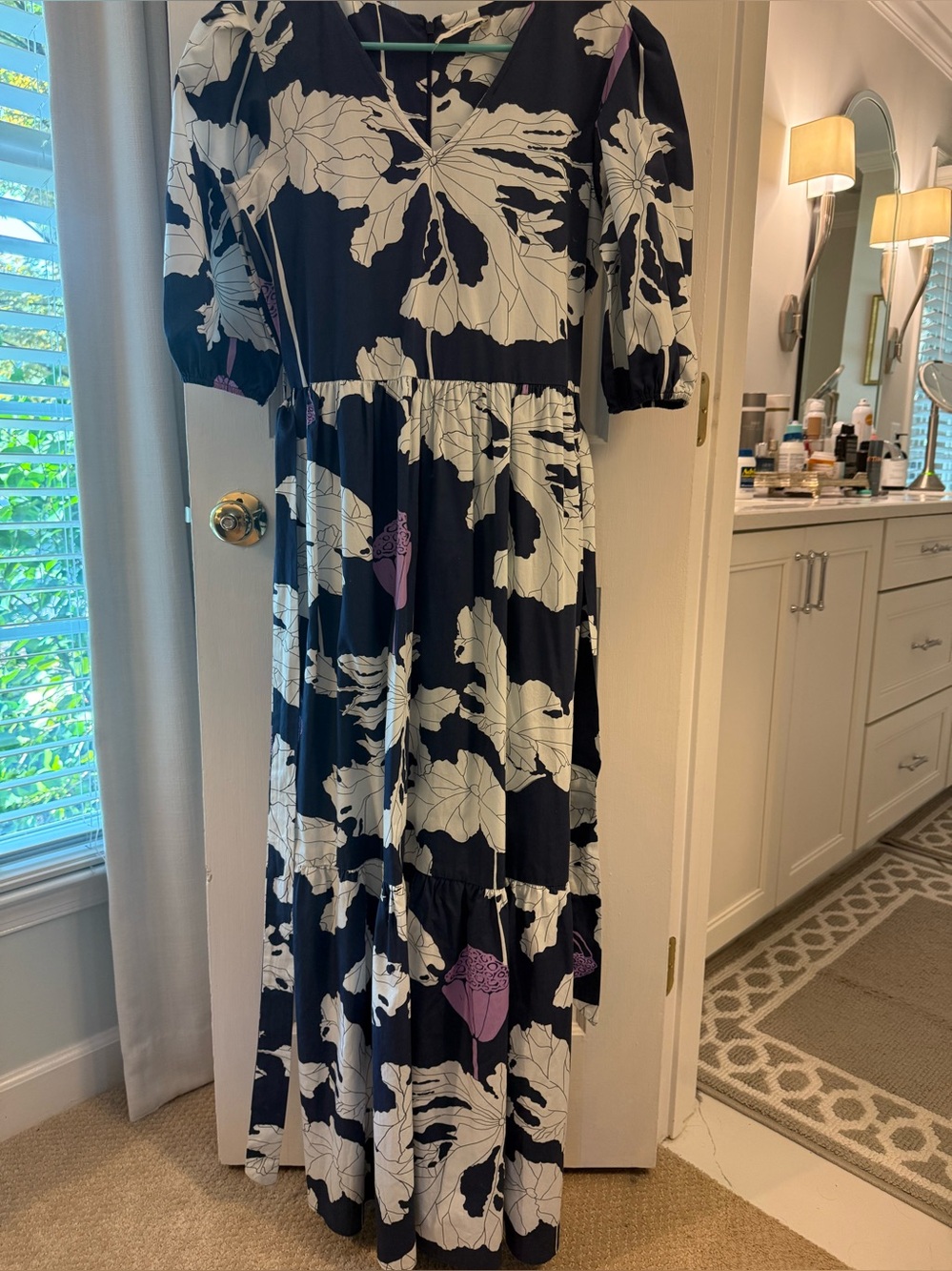 Navy Floral Maxi Dress with Puff Sleeves- Maude Vivante S